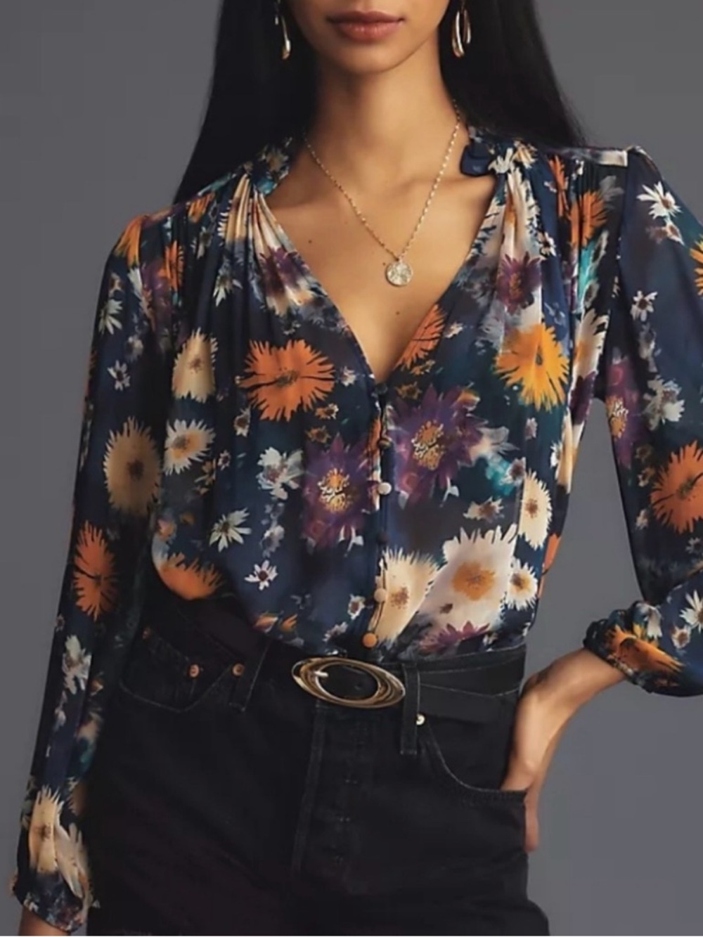Anthropologie Navy Sheer Floral Button-Up Blouse with Orange & Purple Blooms